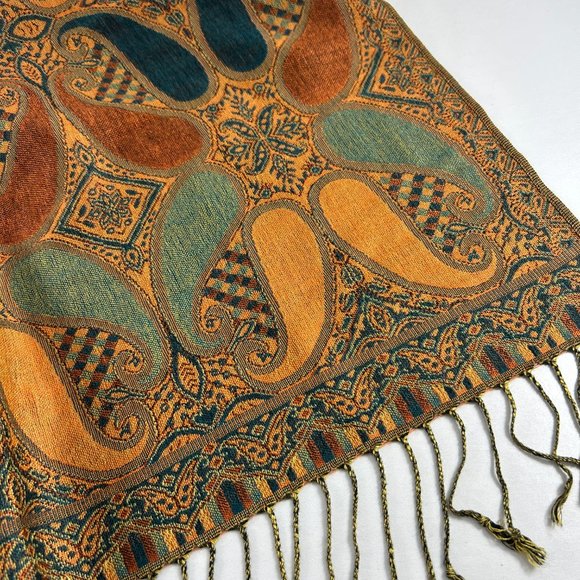 Paisley Fall Colors Scarf Shawl Wrap Gold Brown Green Woven Fringe 28" X 75.5" - Picture 3 of 9
